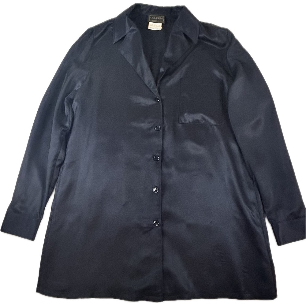 Louben Vintage Black Satin Button Down Shirt Tunic Made in Canada Size 10